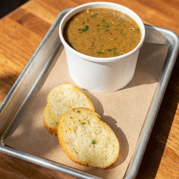 Hearty soup with green herbs in a white cup, served with two slices of garlic bread on a tray.